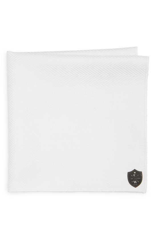 Clifton Wilson White Cotton Herringbone Pocket Square In White