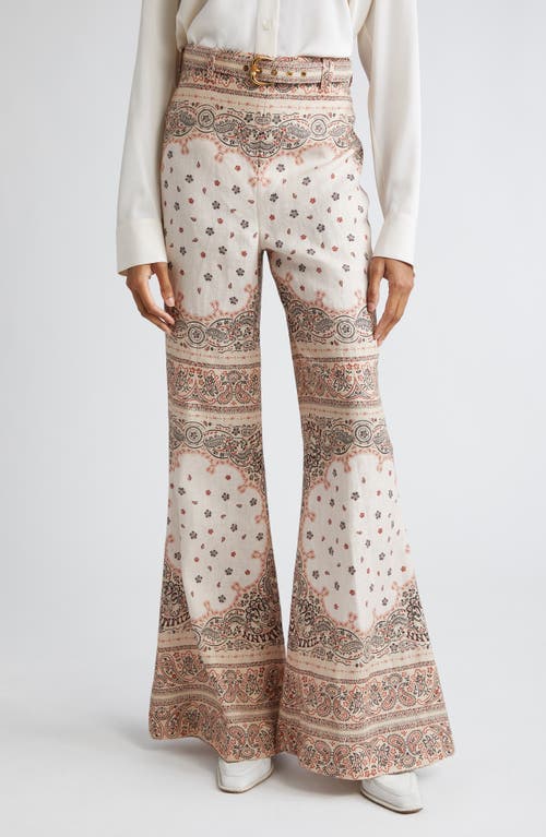 Zimmermann Paisley Print Belted High Waist Linen Wide Leg Pants Cream Bandana at Nordstrom,