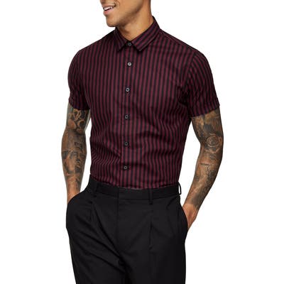 Topman Slim Fit Stripe Short Sleeve Button-Up Shirt, Burgundy