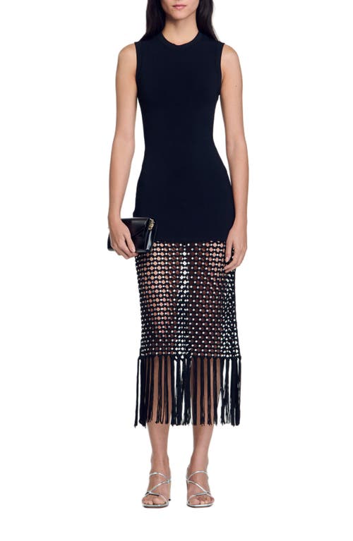 Shop Sandro Fringed Knit Dress In Black