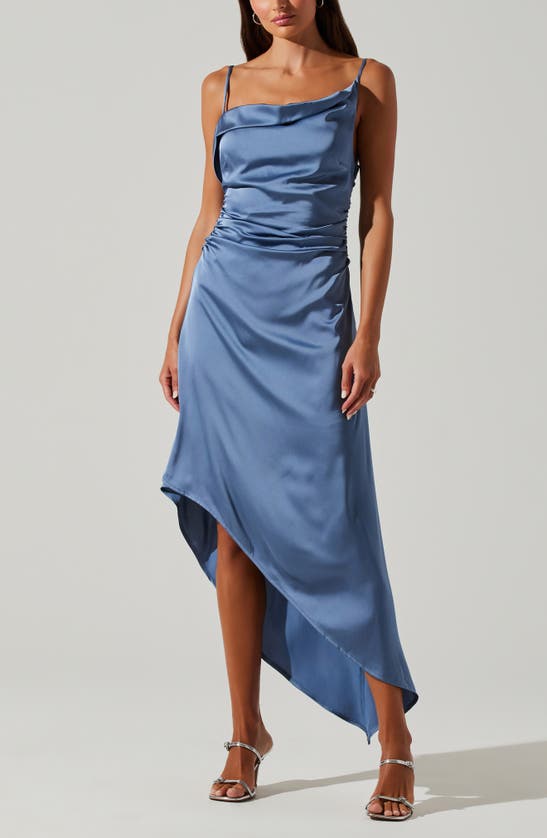 Shop Astr Mirie Asymmetric Satin Dress In Slate Blue