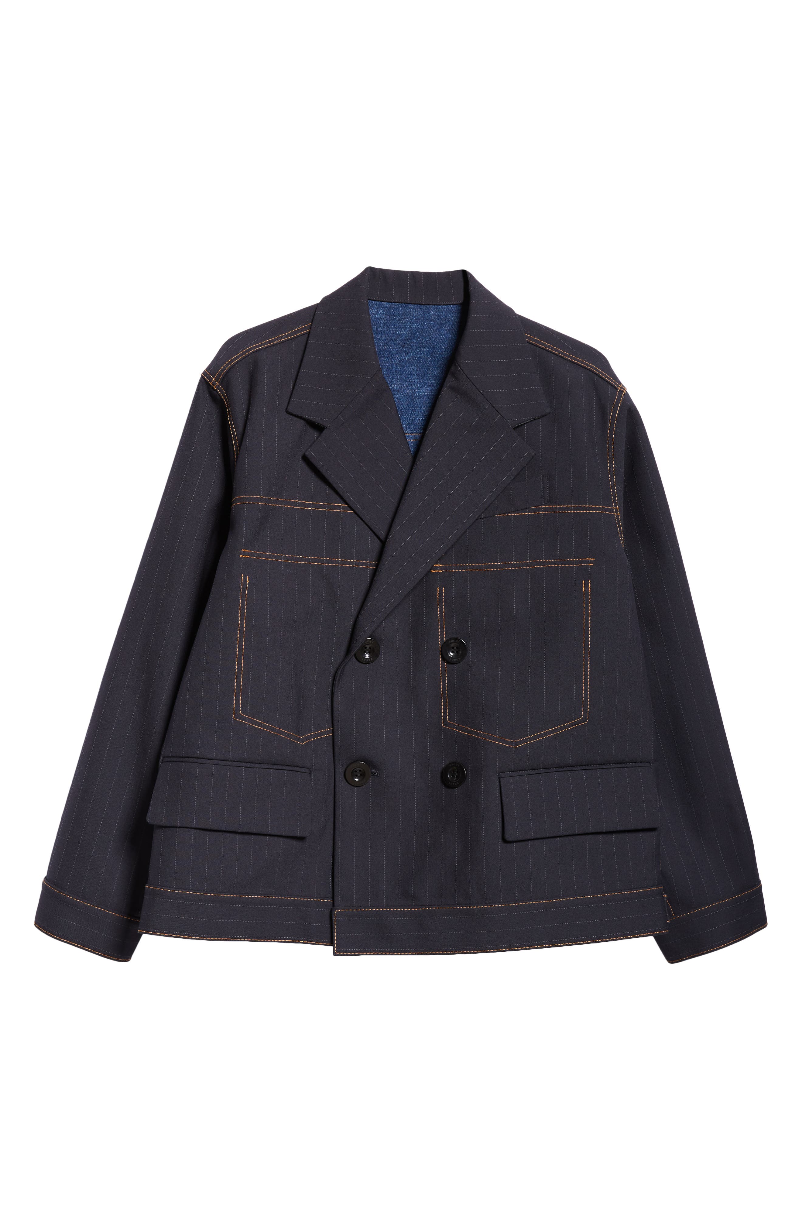 Sacai Chalk Stripe Bonding Jacket in Navy | Smart Closet