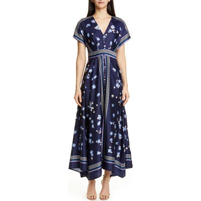 Lela Rose Button Front Handkerchief Hem Maxi Dress, Blue