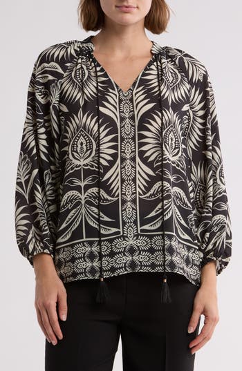 Gemma + Jane Balloon Sleeve Peasant Top In Black/eggshell