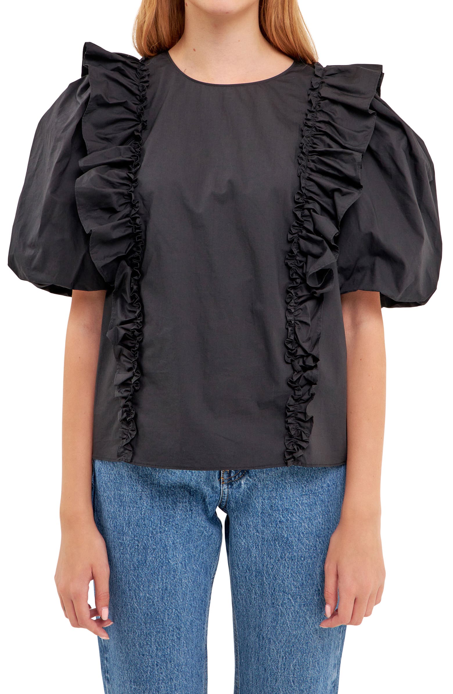 English Factory Double Ruffle Puff Sleeve Cotton Blouse | Nordstrom