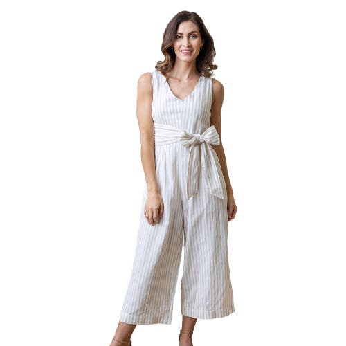 Womens' Tie-Waist Wide Leg Jumpsuit in Light Taupe Stripe