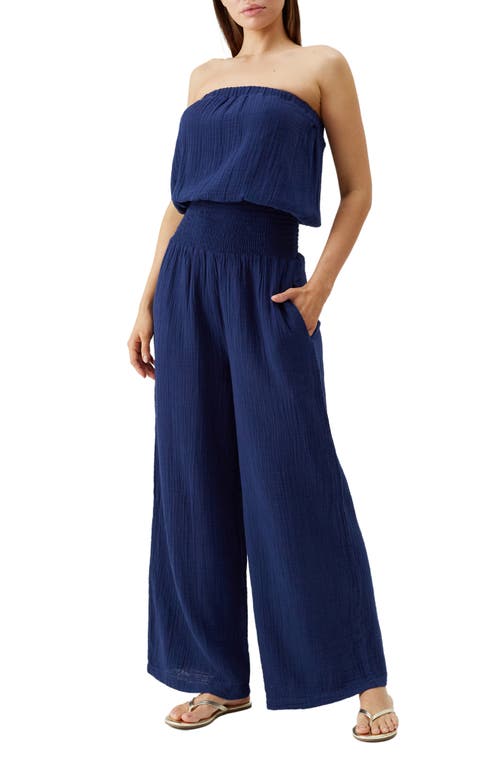 Shop Melissa Odabash Naomi Strapless Cotton Gauze Cover-up Jumpsuit In Navy