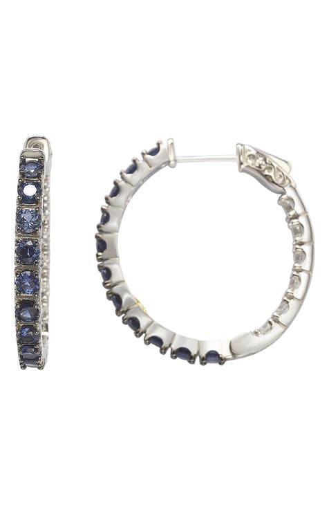 Sterling Silver Pavé Blue Sapphire Hoop Earrings