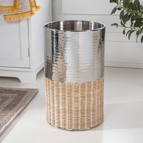 Happimess Asher Modern 2-tone Faux Wicker/metal Cylinder Waste Basket In Chrome/natural