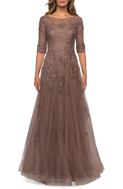 La Femme Floral Lace & Tulle Gown in Cocoa