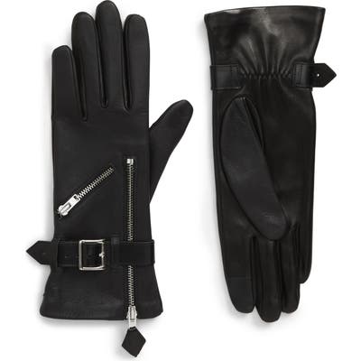 Agnelle Moto Zip Lambskin Leather Gloves - Black