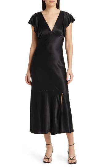 Rails Dina Short Sleeve Satin Midi Dress In Black