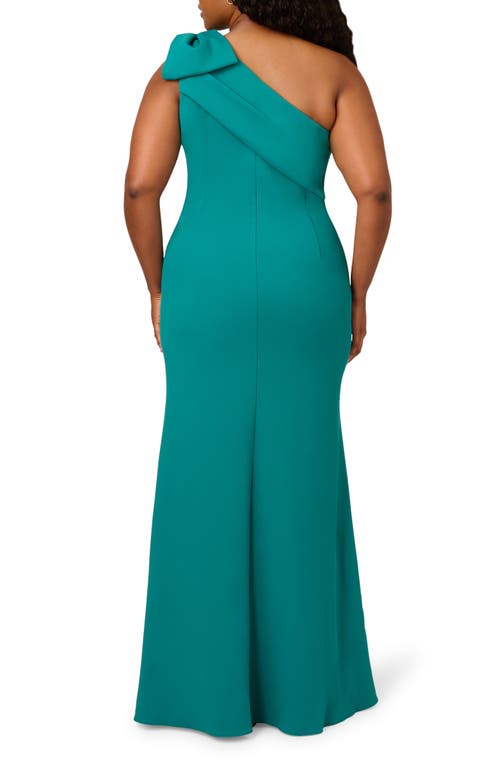 ADRIANNA PAPELL ADRIANNA PAPELL PLEATED BOW ONE-SHOULDER STRETCH CREPE MERMAID GOWN 