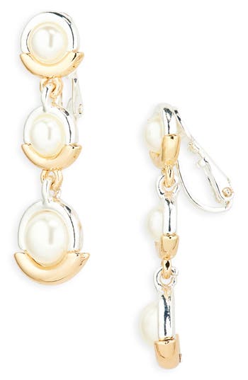 Anne Klein Two-tone Faux Pearl Drop Clip-on Earrings In Two Tone/pearl