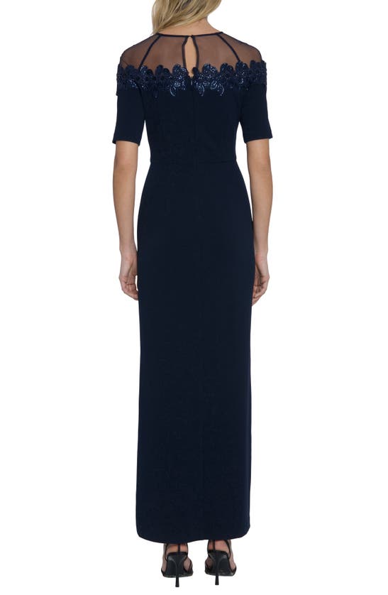 Maggy London Mesh Yoke Beaded Gown In Twilight Navy