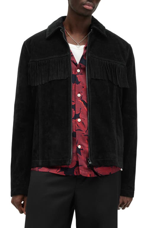 AllSaints Warren Fringe Genuine Suede Jacket Black at Nordstrom,