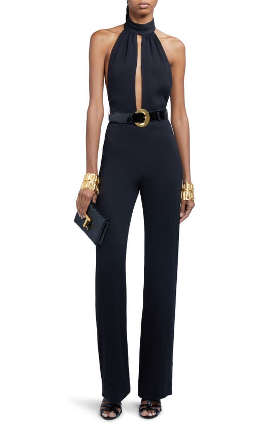 Shop Tom Ford Stretch Sable Belted Halter Jumpsuit In Black