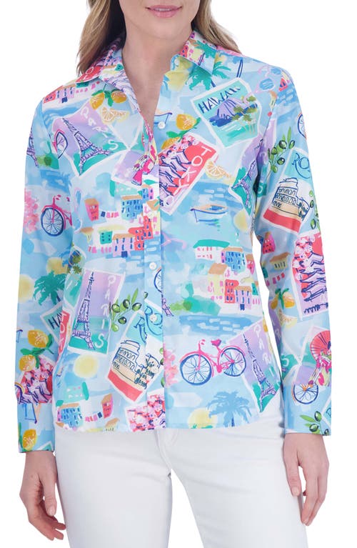 Foxcroft Meghan Travel Print Cotton Button-Up Shirt Blue Multi at Nordstrom