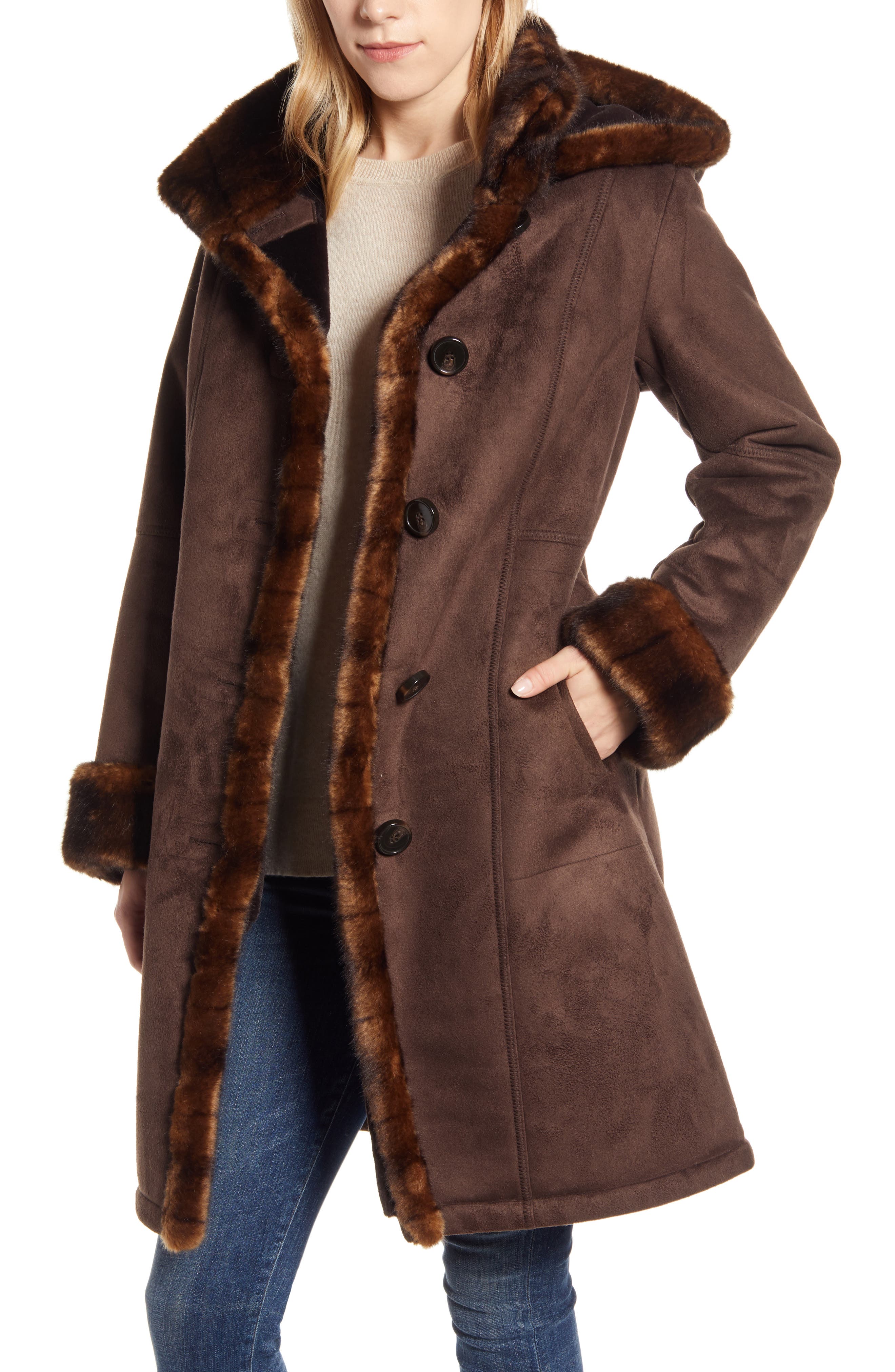 gallery faux fur hooded coat