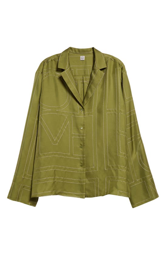 Shop Totême Toteme Monogram Embroidered Silk Button-up Shirt In Laurel