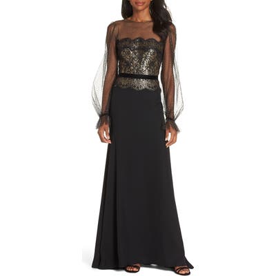 Tadashi Shoji Crepe & Sequin Gown, Black