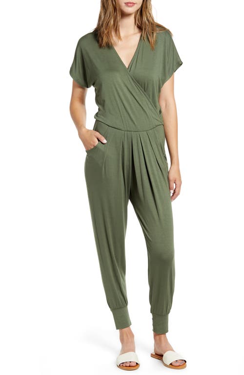 Short Sleeve Wrap Top Jumpsuit in Olive