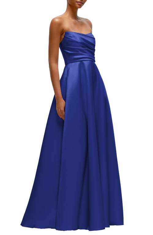 Dessy Collection Strapless Draped Cat-eye Satin Maxi Dress With Full Skirt In Cobalt Blue