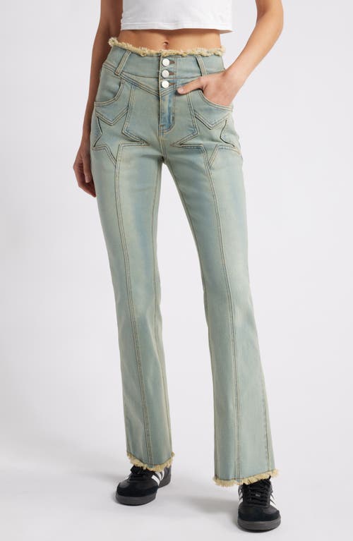 Shop Ptcl Star High Waist Raw Hem Bootcut Jeans In Light Blue