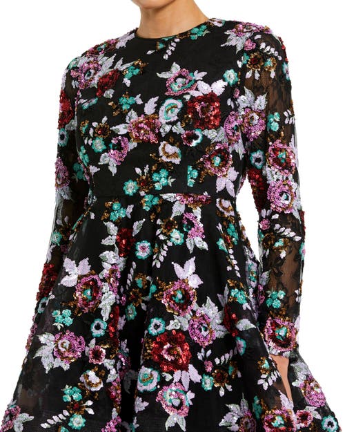 Mac Duggal High Neck Long Sleeve Sequin A Line Mini Dress In Black Multi