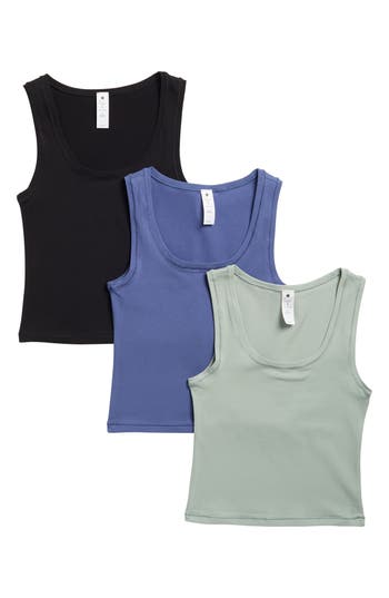 Yogalicious Airlite Pure Love 3-pack Tanks In Green Milieu/gray Blue/black
