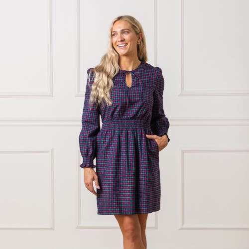 Hope & Henry Smocked Keyhole Dress In Navy Holiday Check