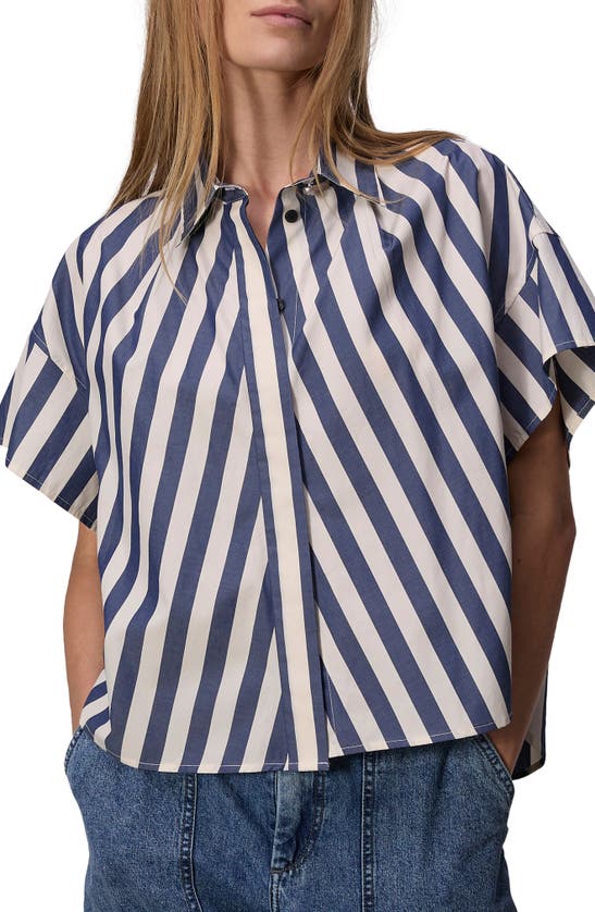 Shop Rag & Bone Martha Stripe Short Sleeve Cotton Poplin Button-up Shirt In Dark Blue Stripe