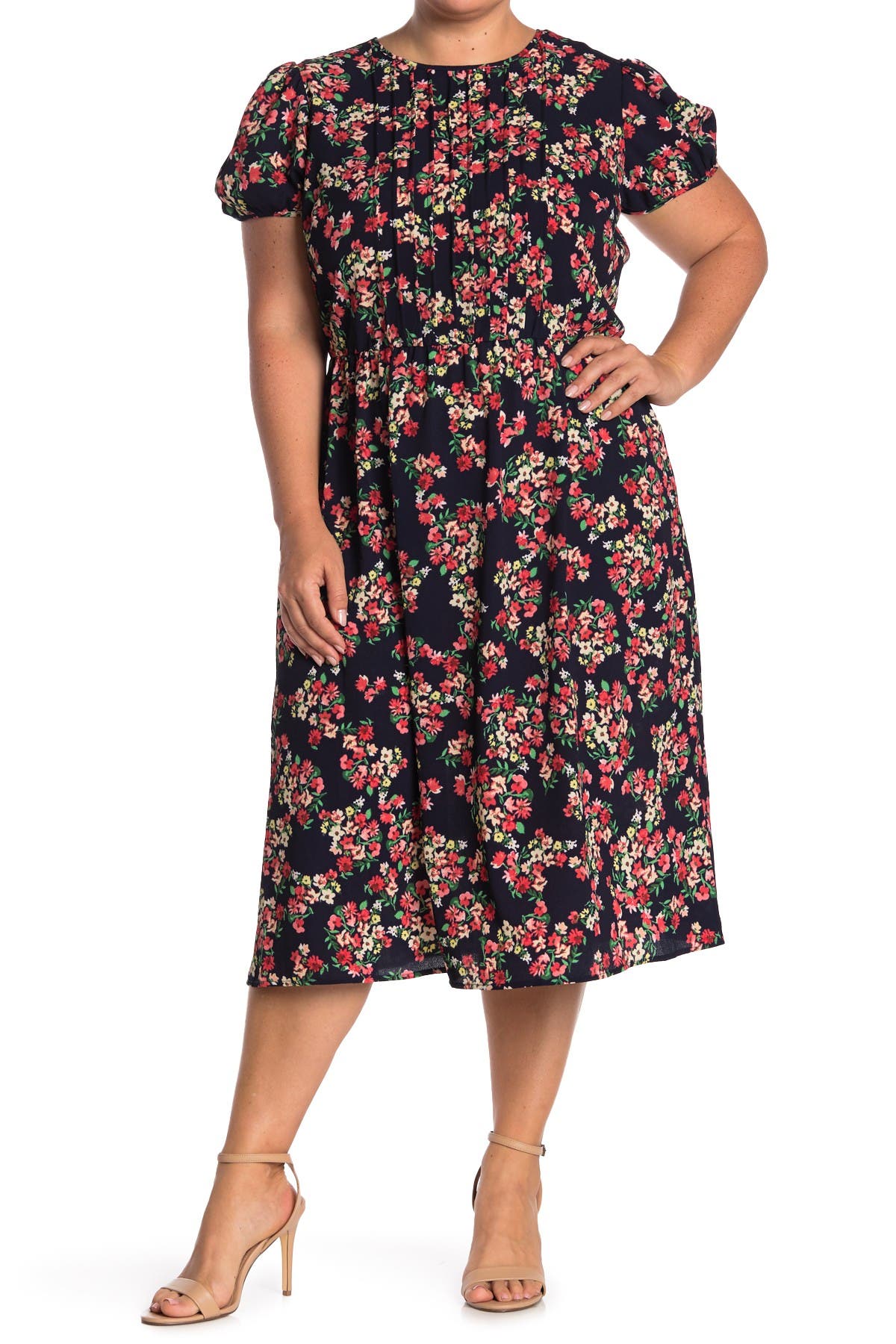 London Times Floral Puff Sleeve Midi Dress In Navy/red | ModeSens