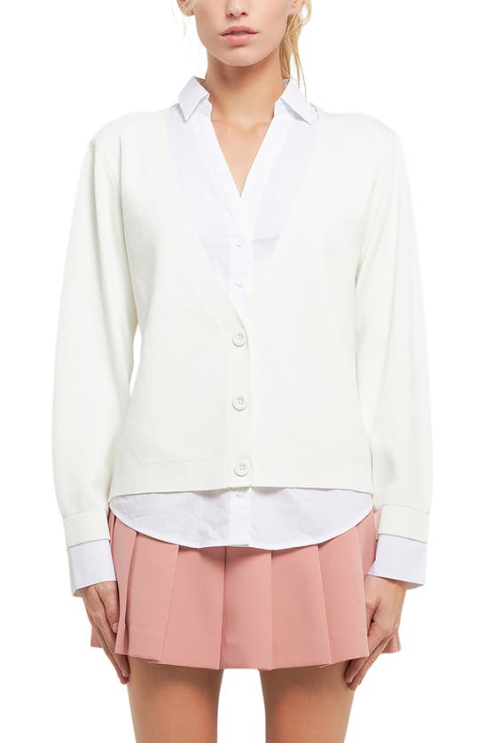 English Factory Mixed Media Layered Cardigan In Cream/ White