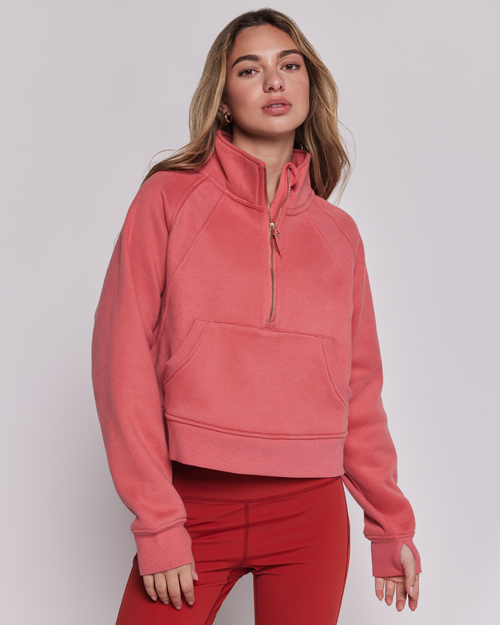 Shop Rebody Active Effortless Fleece Crop Half Zip Sweatshirt In Goji Berry