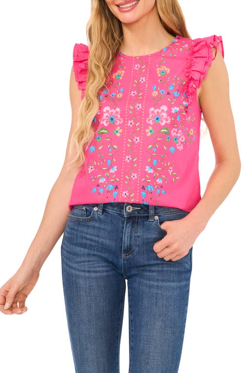 CeCe Floral Ruffle Sleeve Stretch Poplin Top Beetroot Pink at Nordstrom,