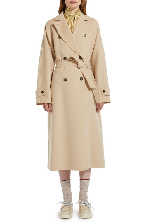 Affetto Tie Waist Double Breasted Wool Blend Coat in Sand