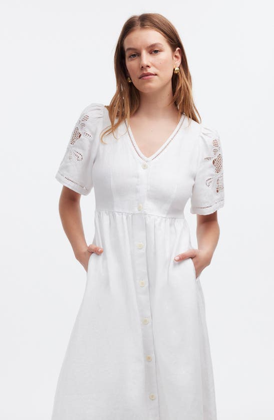 Shop Madewell Cassie Openwork Detail Linen Button-front Midi Dress In Eyelet White