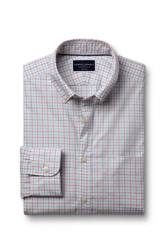 Shop Charles Tyrwhitt Slim Fit Button-down Collar Non-iron Stretch Poplin Check Shirt In Coral Pink