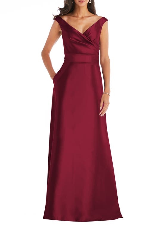 Off the Shoulder Satin Gown in Burgundy