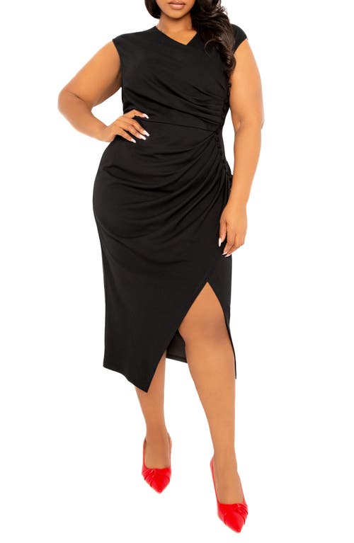 Shop Buxom Couture Asymmetric Button Detail Faux Wrap Midi Dress In Black