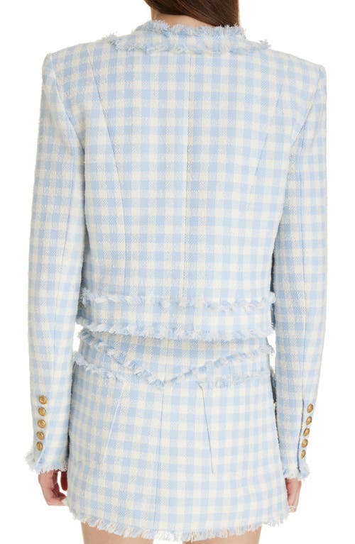 Shop Balmain Gingham Tweed Collarless Crop Jacket In Pale Blue/white