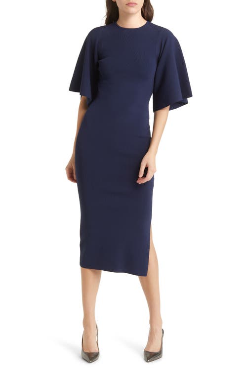 Lounia Fluted Sleeve Body-Con Sweater Dress in Dark Blue