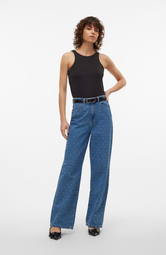 Shop Vero Moda Kathy Dot High Waist Wide Leg Jeans In Medium Blue Denim