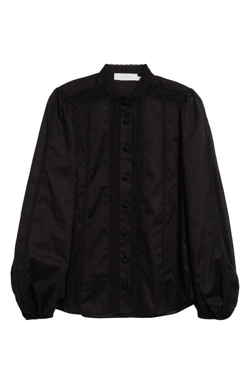Zimmermann Halliday Floral Lace Trim Balloon Sleeve Cotton Button-up Shirt In Black