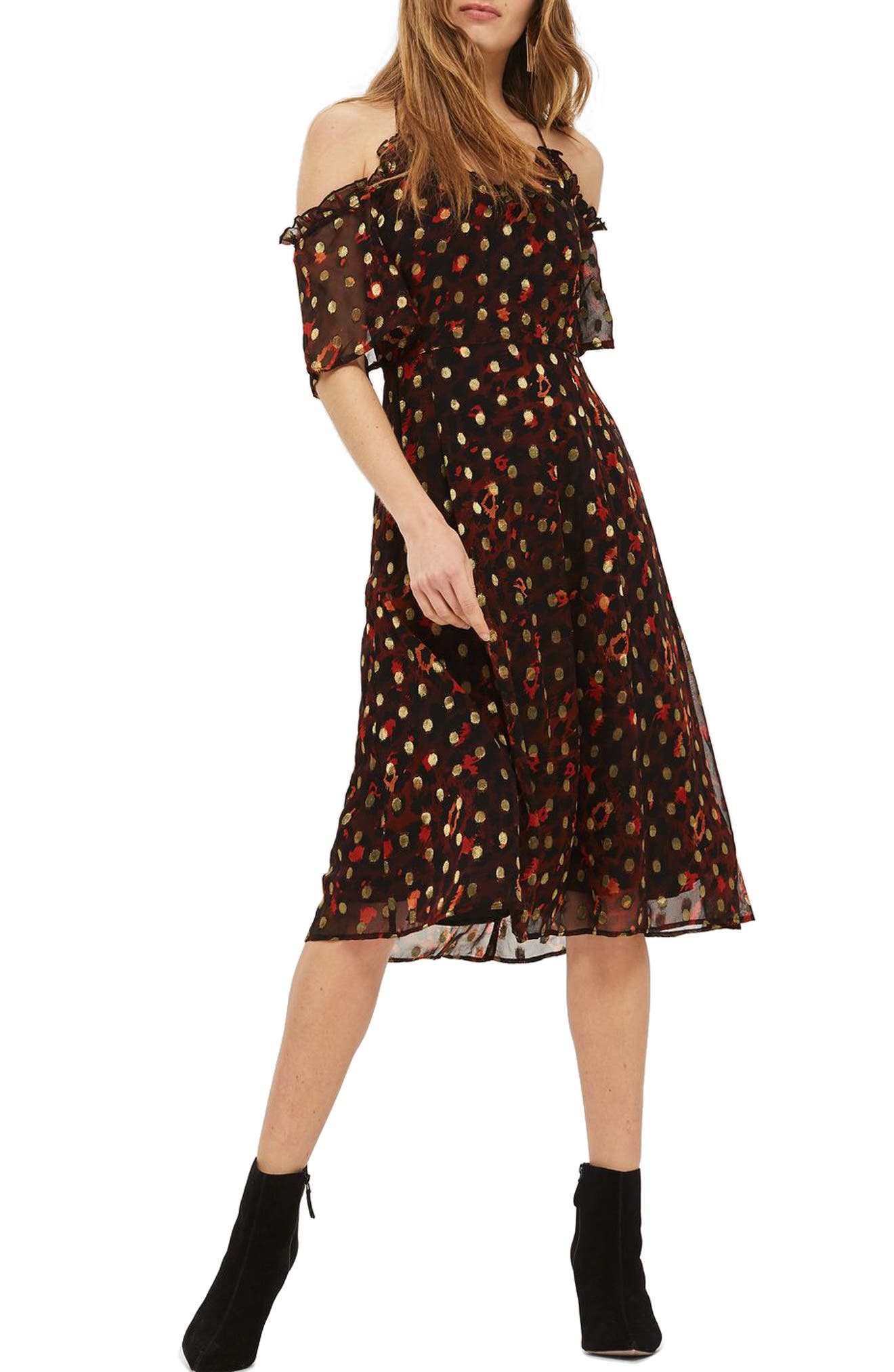 polka dot cold shoulder dress