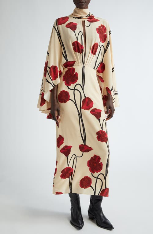 Shop Johanna Ortiz Red Petals Long Sleeve Silk Midi Dress In Papaver Somniferum/ecru