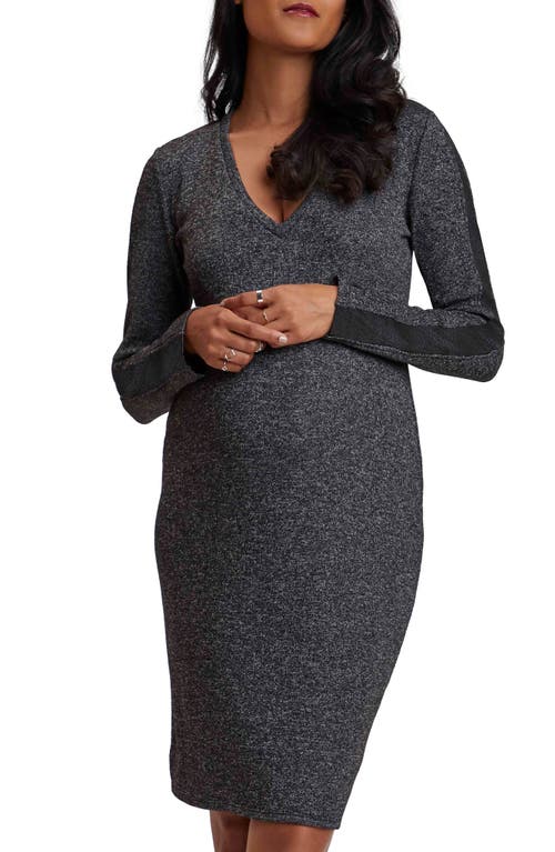 Long Sleeve Faux Suede Trim Maternity Dress in Dark Grey Melange