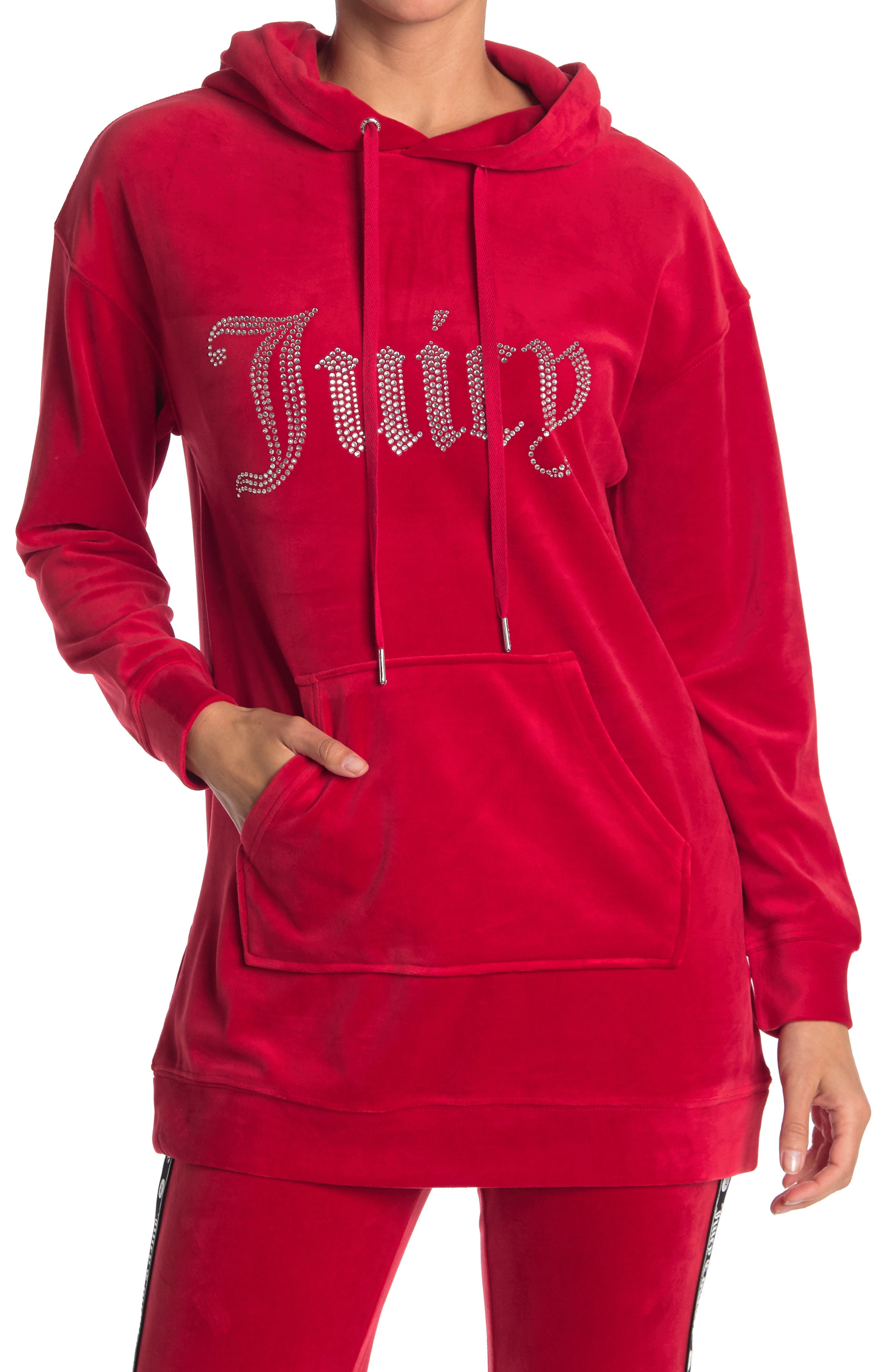 Juicy Couture Velour Embellished Drawstring Hoodie In Bright Red