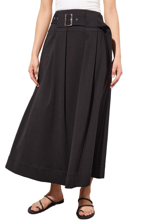 Shop Ming Wang Pleated Belted A-line Midi Skirt In Black